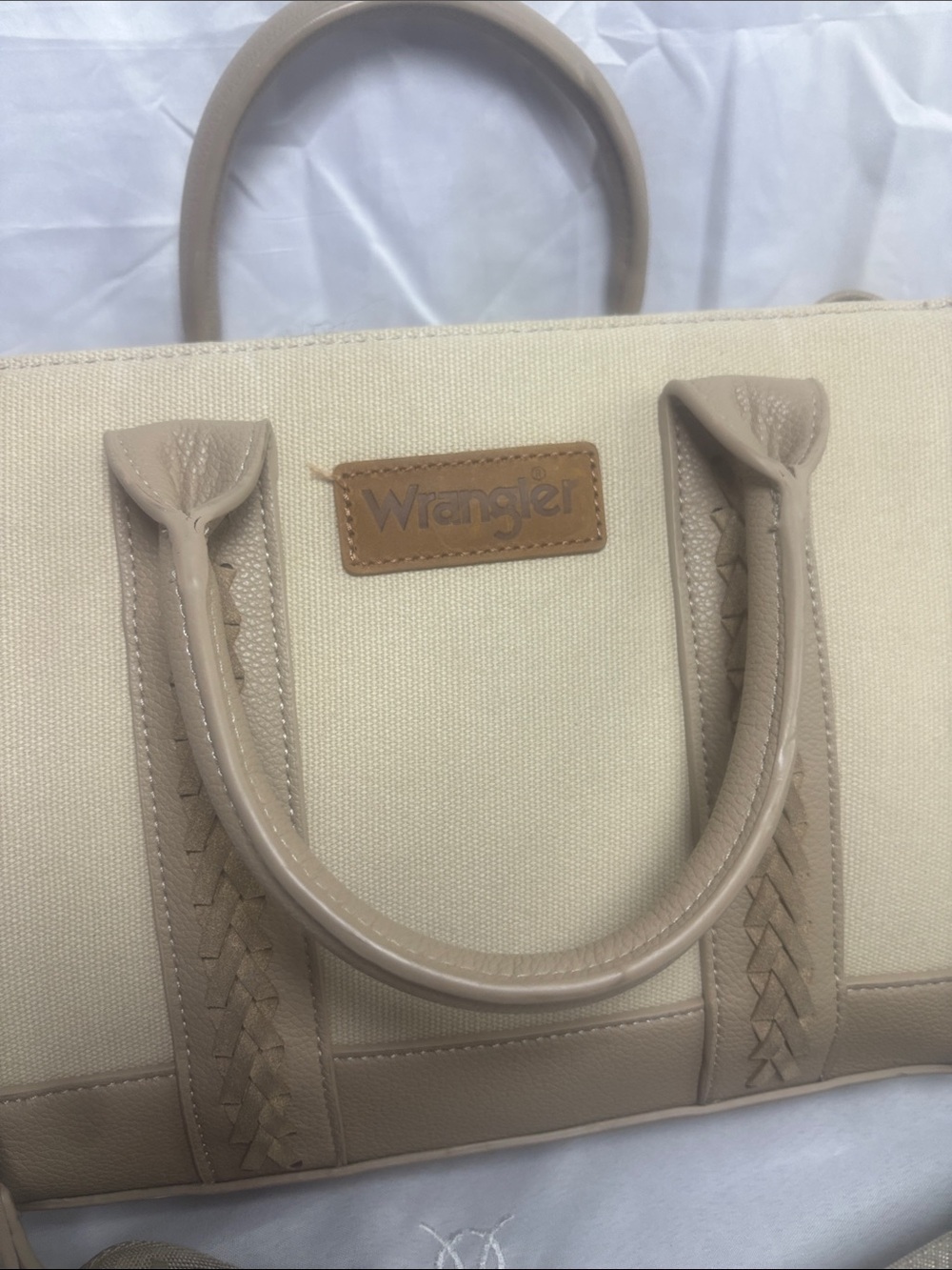 Wrangler Cream Canvas Tote with Tan Leather Accents